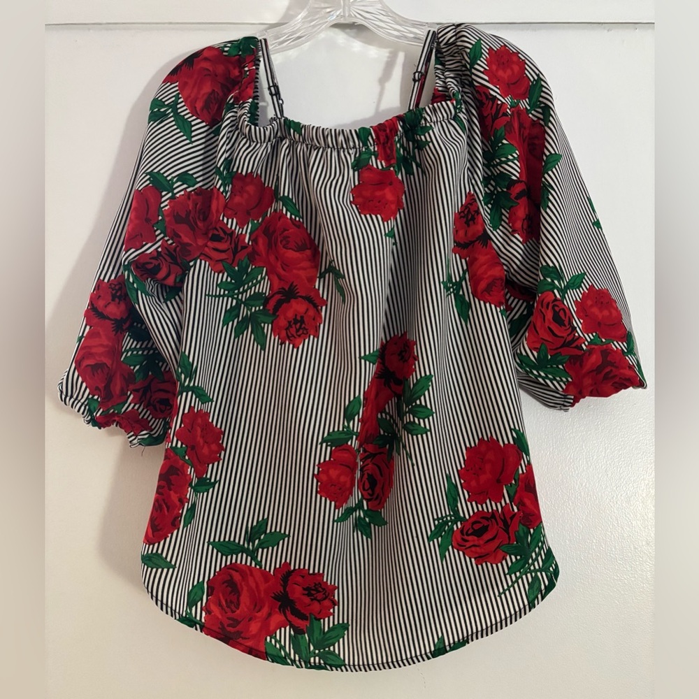 Floral Off-Shoulder Blouse - Red Rose Print Hint of Blush XL